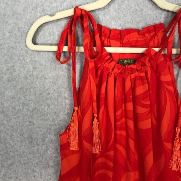 Taylor Dress Womens XS Red‎ Floral Tiered Pleated Flowy Strap Tie Tassel Summer - Picture 3 of 12